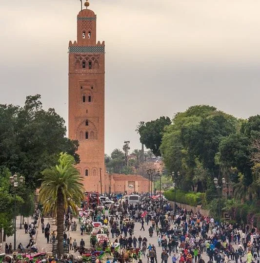 Koutoubia minaret seen from Jemaa el-Fna square, Marrakech