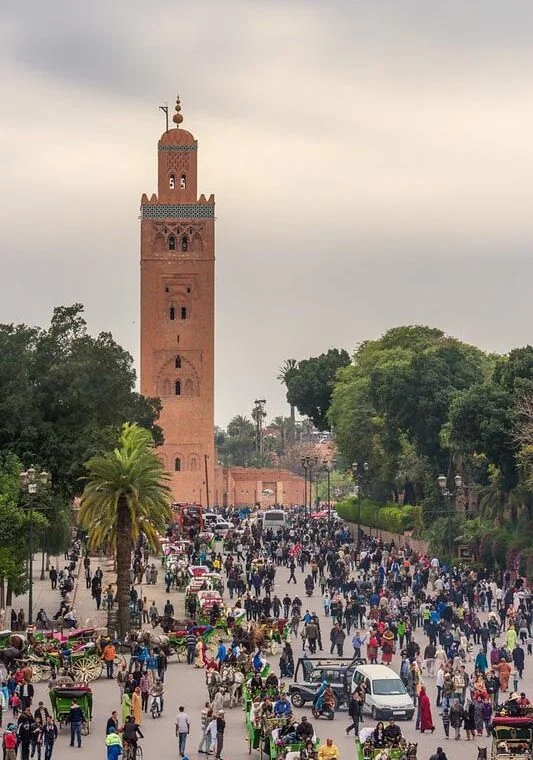 Koutoubia minaret seen from Jemaa el-Fna square, Marrakech